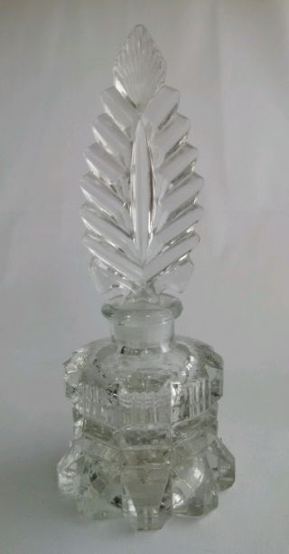Vintage Deco Heavy Glass Perfume Bottle W/ Feather Design Stopper photo