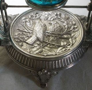 Victorian Meriden Silver Plate & Enameled Art Glass Vanity Garniture 1880s photo
