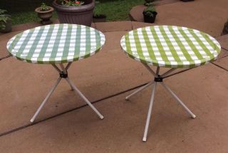 2 Mid Century Modern Metal Table Tray Porch Outdoor Vtg Green Patio Side Round photo