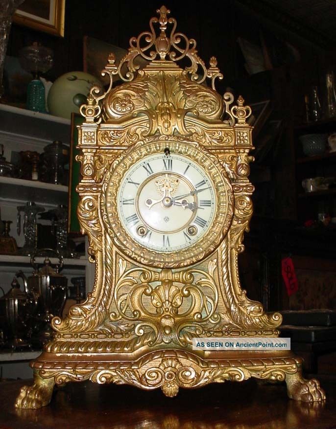 Rare Antique Ansonia 1901 Teutonic Aesthetic Brass Bronze Shelf Clock W/ Gilt Nr Clocks photo