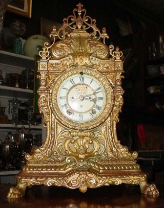 Rare Antique Ansonia 1901 Teutonic Aesthetic Brass Bronze Shelf Clock W/ Gilt Nr photo