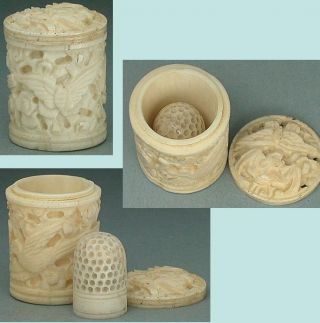 Antique Carved Bone Box With Child ' S Thimble Canton Export Circa 1830 photo