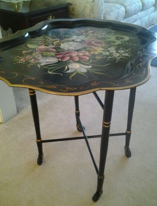 Huge Vintage Toleware Black Metal Tole Tray With Stand Bright Pristine Florals photo