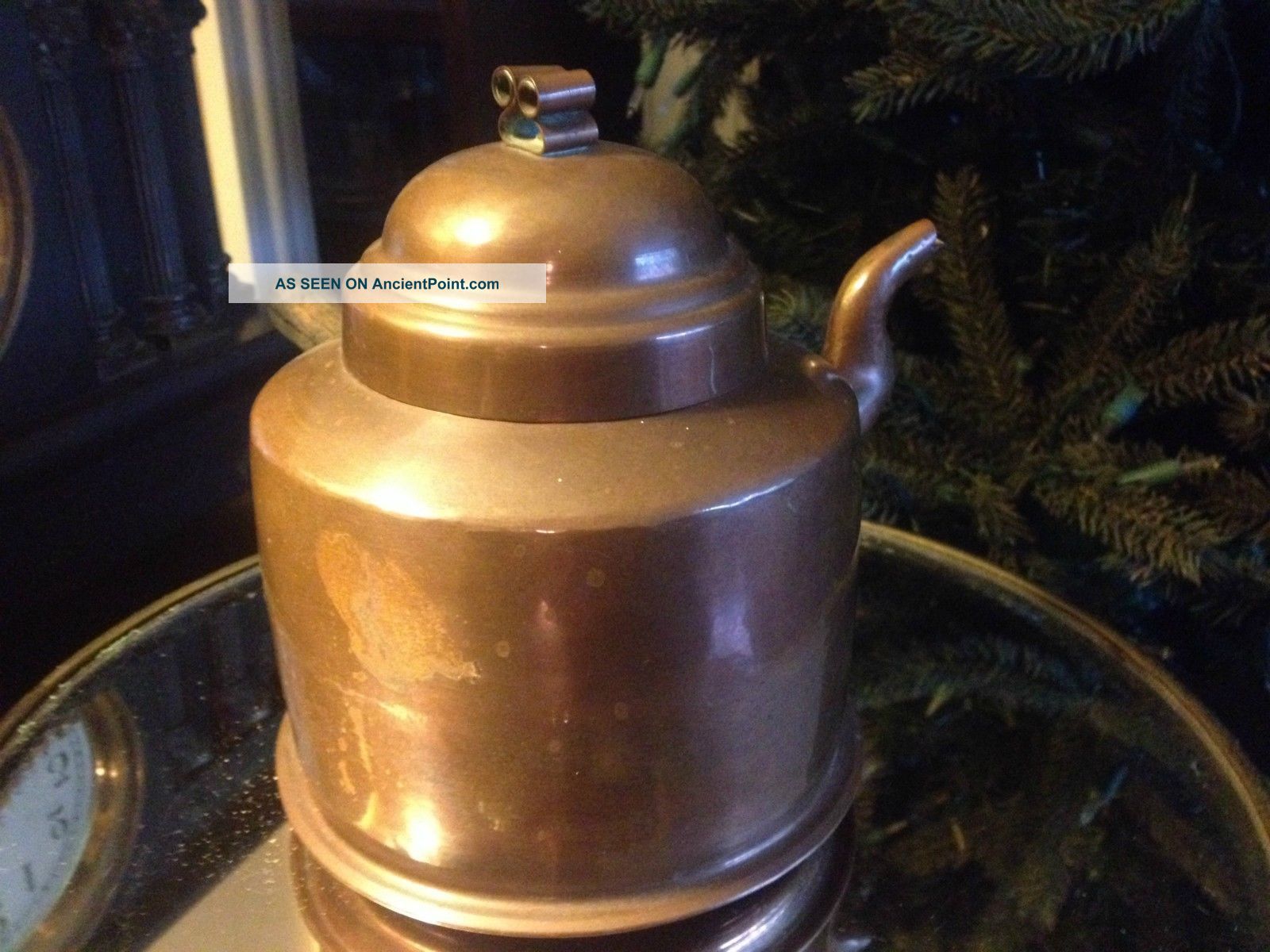 19th Century Antique Copper Tea Pot With Wooden Handle Metalware photo