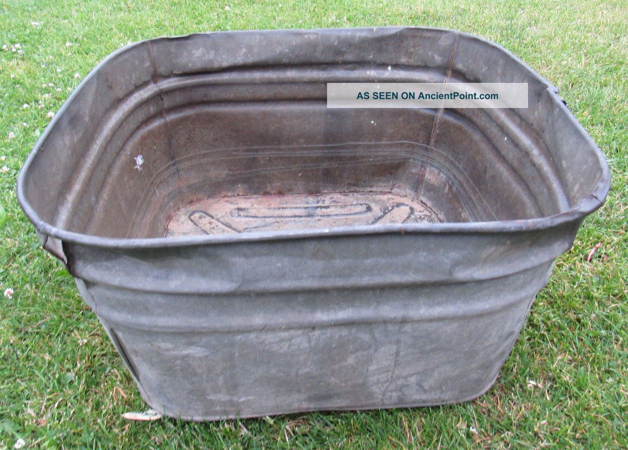 Vtg Primitive Square Wash Tub Metal Galvanized Bucket Country Round Planter Primitives photo