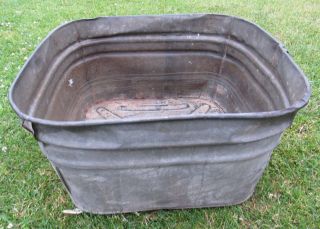 Vtg Primitive Square Wash Tub Metal Galvanized Bucket Country Round Planter photo