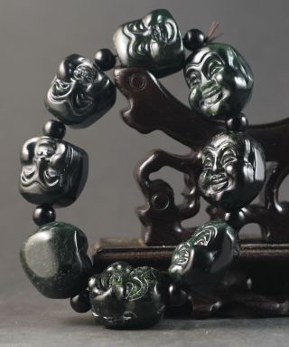 Chinese Natural Jade Stretchy Bracelet With Hand - Carved Buddha ' S Beads photo