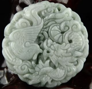 Light Green 100 Natural A Jade Jadeite Pendant Statue Of Dragon & Phoenix Y11 photo