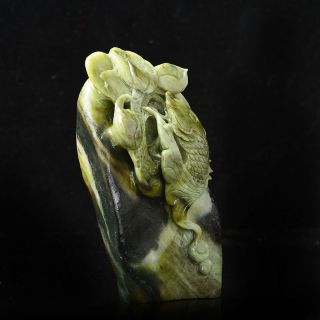 Hand Carved Natural Dushan Jade Statue - - - Lotus& Fish 3 photo