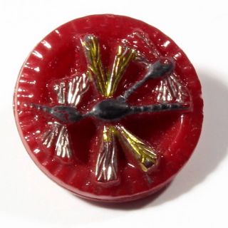 (1) 18 Mm Czech Bohemian Antique Vintage Hand Gilt Dragonflies Red Glass Button photo
