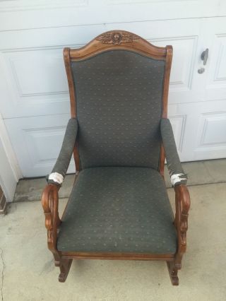 Vintage Rocking Chair Maple Carved Swan Arms Padded photo