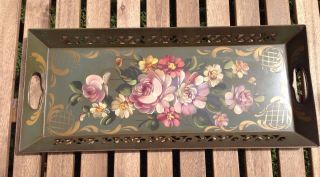 Vintage Dark Green Metal Hand Painted Tole Tray Roses Flowers Rose Toleware photo