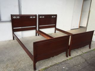 2 Antique Twin Size Solid Mahogany Carved Bed Frame L@@k photo