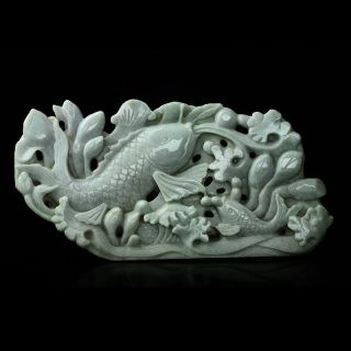 Exquisite Natural Lantian Jade Hand - Carved Statue —— Lotus & Fishs 11 photo