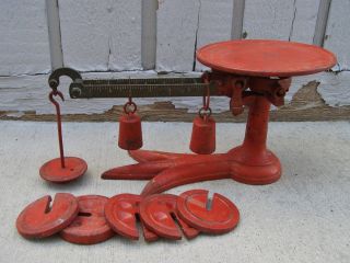 Antique Fairbanks Cast Iron Red Claw Foot Scale Trade Mercantile W/ 5 Weights photo
