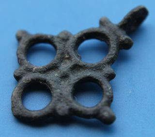 Early Medieval Viking Period Bronze Cross Pendant 4 Moons 800 Ad Vf, photo
