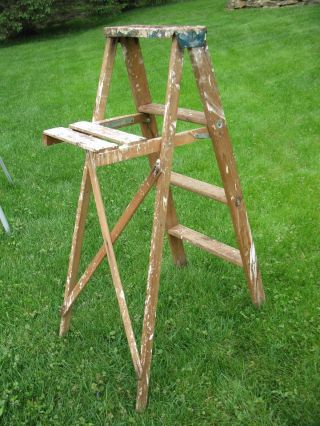 Old Vintage 4 Ft Wooden Step Ladder Rustic Primitive Decor Shabby Painted Wood photo