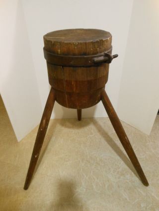 Antique Tripod Iron Banded Maple Chopping Block - Butcher Meat Cutting Cleaver photo