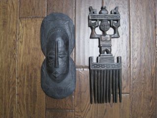 Rare Vintage Pair African Tribal Hand Carved Wood Wall Mask & Hair Piece Comb photo