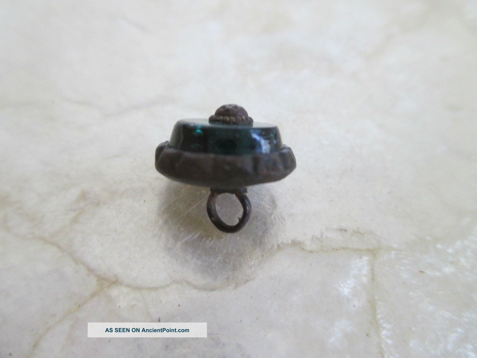 Antique Brass Berry Pin Shank Transparent Teal Green Glass Waistcoat Button Buttons photo