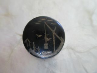 Antique Etched Wooden Water Well Picture Scene Japanned Black Brass Button 3/4 
