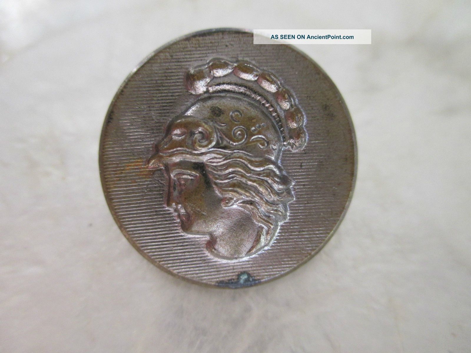 Antique 19th C Relief Silvered Brass Knight Warrior Soldier Button Buttons photo