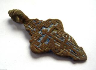C.  1500 A.  D British Found Tudor Period Bronze & Blue Enamel Cross Pendant photo