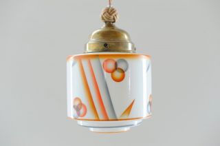 1920s 30s Rare Vintage White Orange Design Glass Pot Ceiling Lamp Light Brass photo
