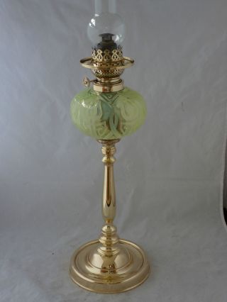 Art Nouveau Brass & Vaseline Glass Oil Lamp Circa 1905 photo