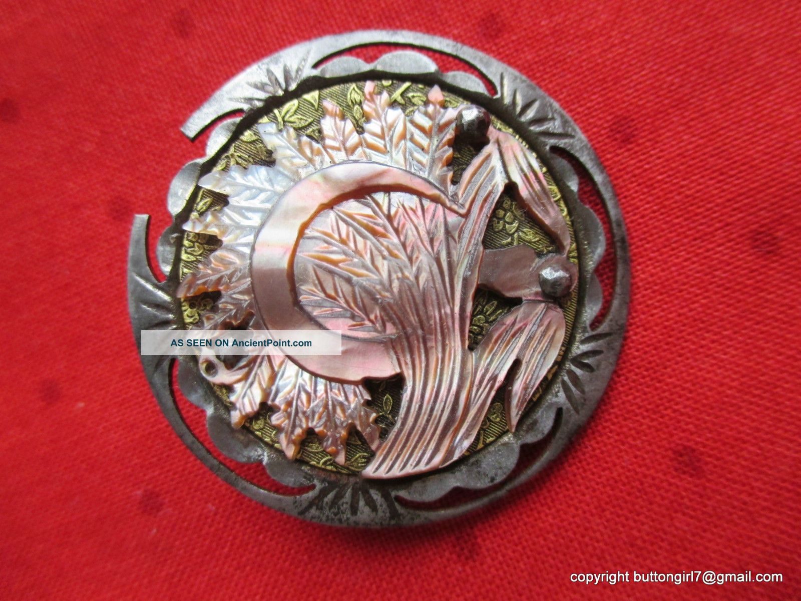 2448 – Carved Pearl Wheat Sheaf And Steel Sickle Antique Button,  Needs Tlc Buttons photo