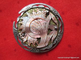 2448 – Carved Pearl Wheat Sheaf And Steel Sickle Antique Button,  Needs Tlc photo