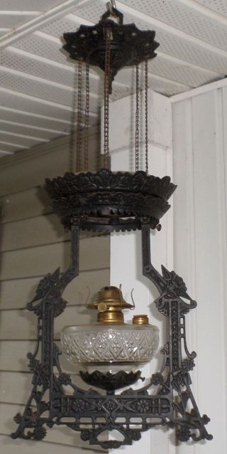 C.  1870s B&h Cast Iron Horse Pulley Counterweight Hanging Oil Lamp Fixture & Font photo