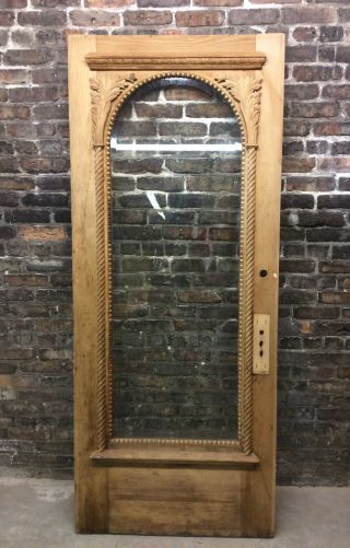 Antique Victorian Douglas Fir Pine Entry Door 34 X 82 Beveled Glass Panel Carved photo
