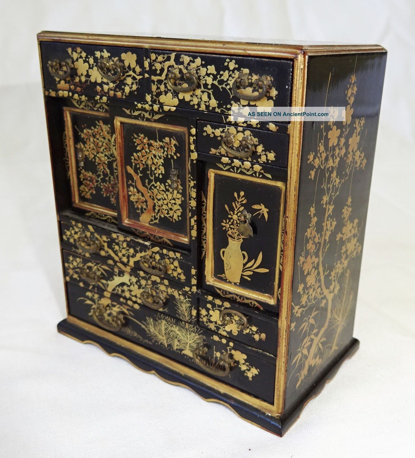 20ct Japanese Lacquer Miniature Tansu Chest W.  Gilt Crane Motif (par) Other Japanese Antiques photo