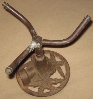 Antique Cast Iron Lawn Sprinkler With 3 - Arm Brass Spray Nozzles And 5 - Leaf Base photo