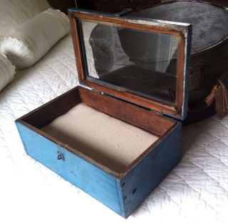 Vtg Primitive Country Store Shop Small Glass Top Counter Display Case Blue Paint photo