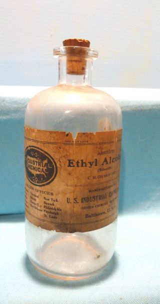 Vintage U.  S.  Industrial Chemical Co.  Ethyl Alcohol Glass Bottle W/ Cork Stopper photo