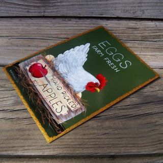 Green Metal Sign Hen Eggs Apple Crate Handpainted Country Rooster Art Mcmurry photo