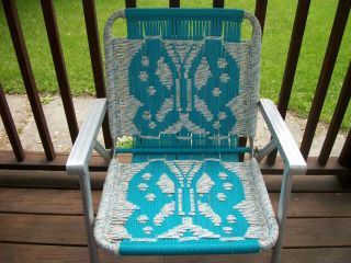 Vintage Aluminum Folding Macrame Lawn Patio Outdoor Chair Turquoise Butterfly photo