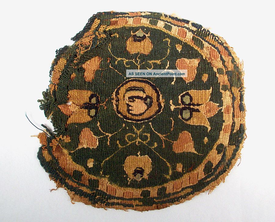 Coptic Textile Fragment - Roundel With Human Face & Flowers - Late Antique Egypt Egyptian photo