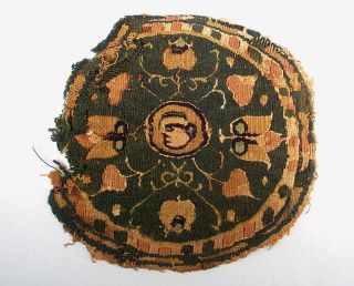 Coptic Textile Fragment - Roundel With Human Face & Flowers - Late Antique Egypt photo