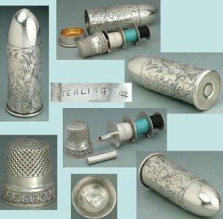Rare Antique Silver Bullet Sewing Etui & Thimble By Webster Co.  Circa 1890 photo