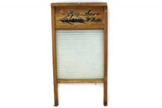 Antique Columbia Snow White Glass & Wood Laundry Washboard photo