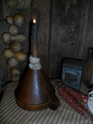 Primitive Early Look Funnel Light,  Grungy Candle & Holder,  Rusty Metal & Wire photo