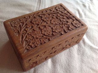 Antique Hand Carved Wood Jewelry Box photo