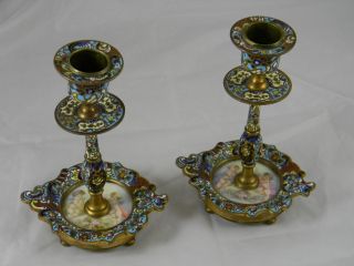 Pair Antique French Bronze Champleve Enamel Candlesticks Cherubs On Marble 1900 photo