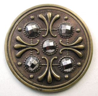 Lg Sz Antique Brass Button Floral Design W/ Large Cut Steel Accents 1 7 3/8 