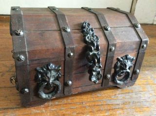Vintage Treasure Chest Wooden Trinket Pirates Lion Head Ship Jewelry Wood Box photo