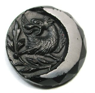 Medium Antique Black Glass Button Dragon Design W/ Faceted Crescent Moon photo