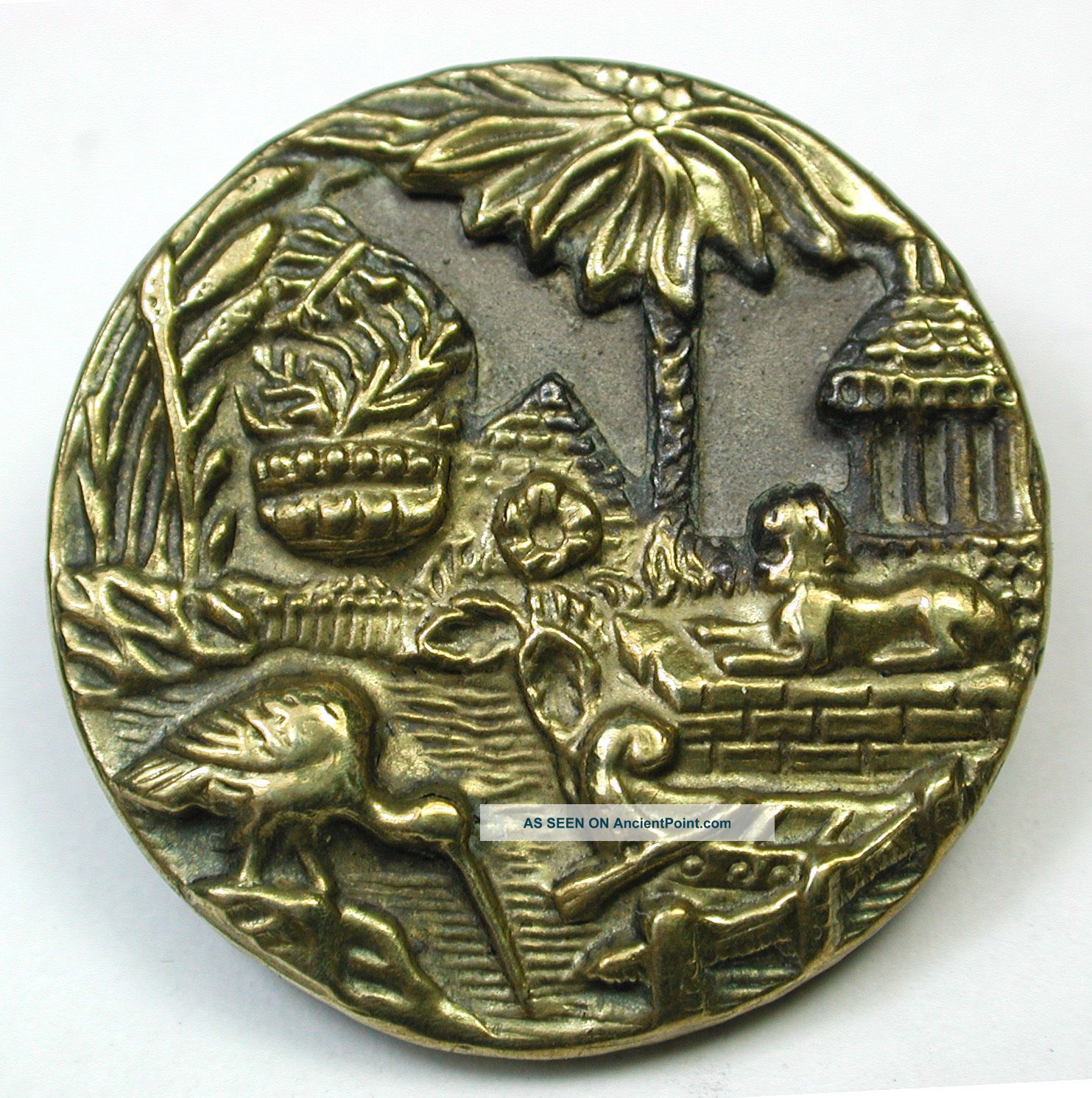 Antique Brass Button Egyptian Temple On The Nile Design W/ Sphinx Buttons photo